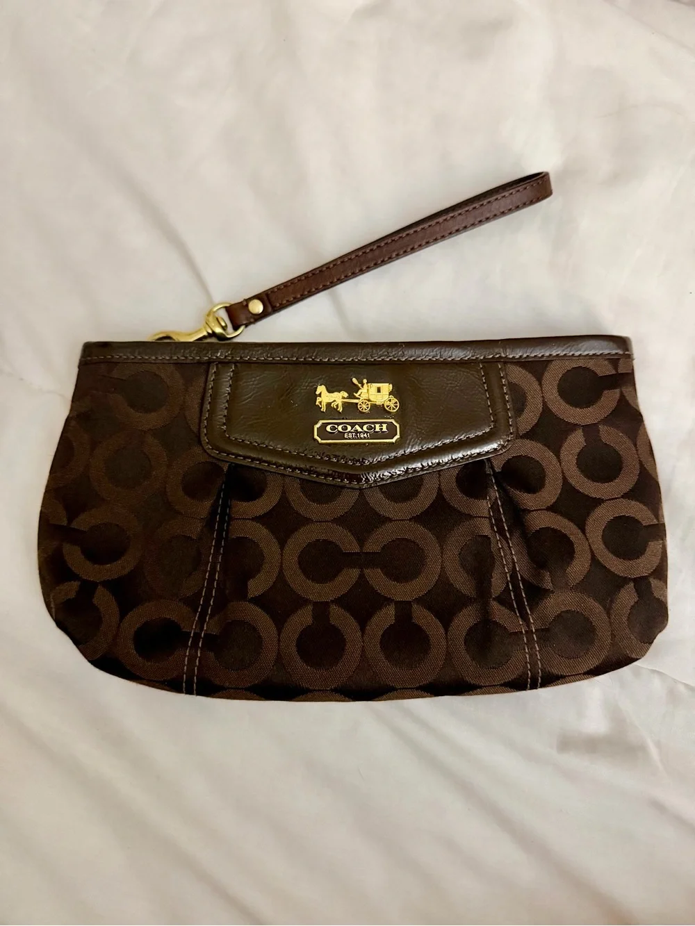 COACH Brown Signature C Logo Wristlet with Gold Hardware